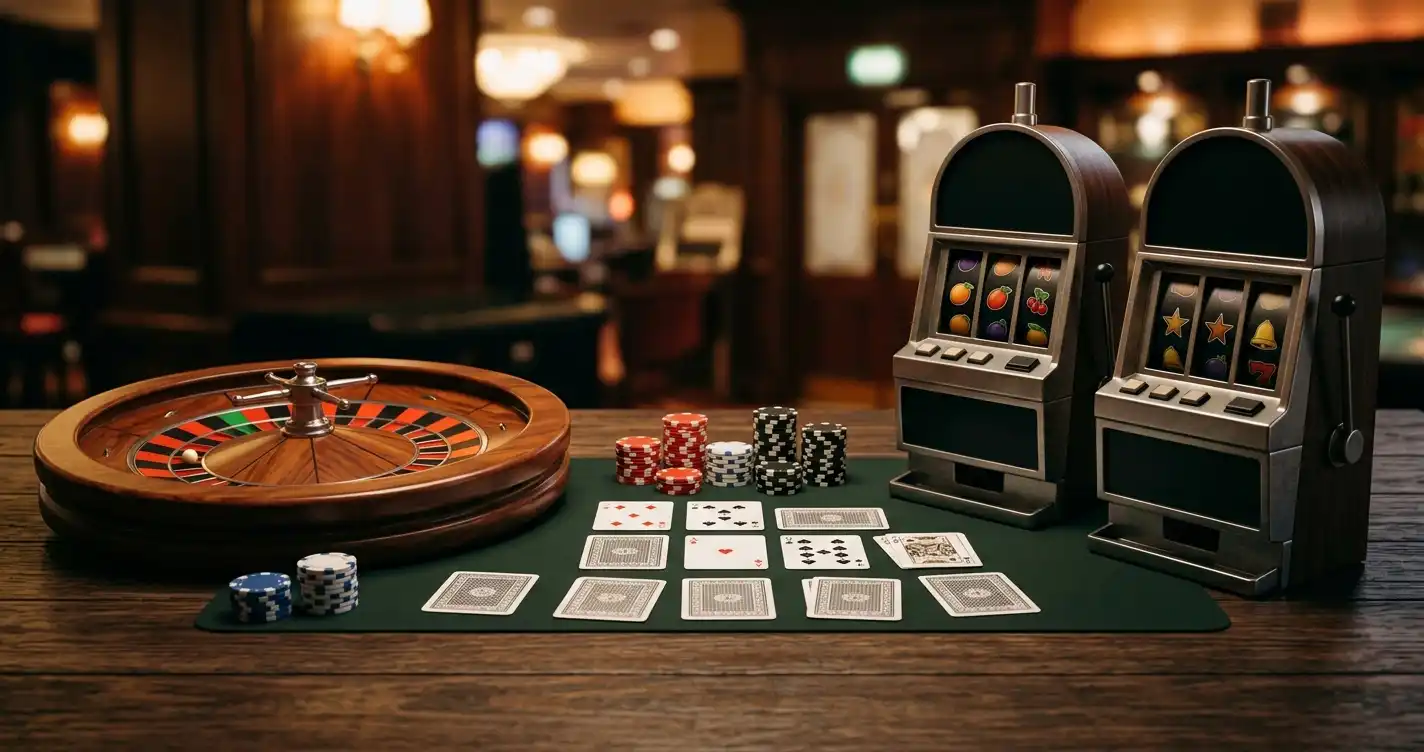 Roulettehjul, kort, pokerchips og spilleautomat som overblik over casinospil